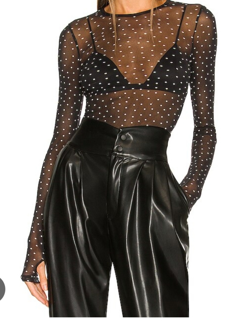 Enza Costa Black Sheer Polka Dot Mesh Top Long Sleeve Stretch Sz M Minimalist - Picture 3 of 11